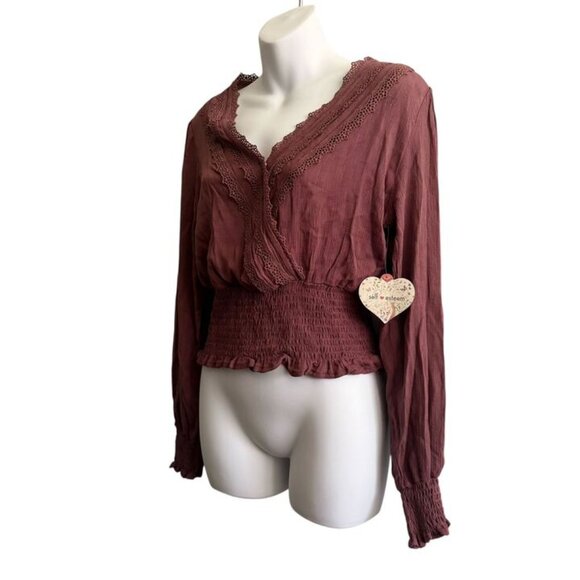 NWT Self Esteem Boho Blouse | Lace Trim Smocked Waist Top | Size M - Picture 3 of 12